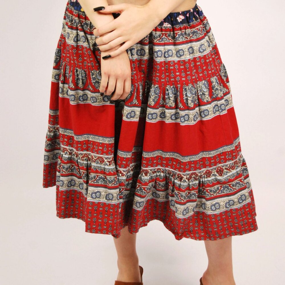 70s Peasant Midi Skirt (M) medium red blue vintage floral print boho hippie cute - Picture 4 of 7